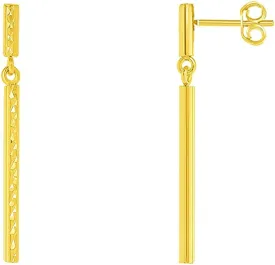 14k Yellow Gold Textured Long Vertical Round Bar Dangle Drop Earrings with Push Back