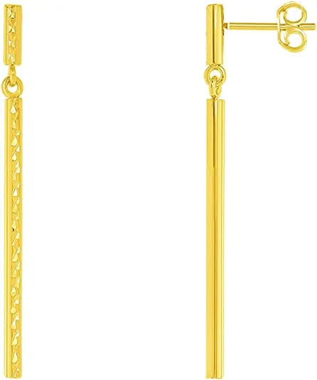 14k Yellow Gold Textured Long Vertical Round Bar Dangle Drop Earrings with Push Back