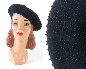 1940s Navy Blue French Knot Beret