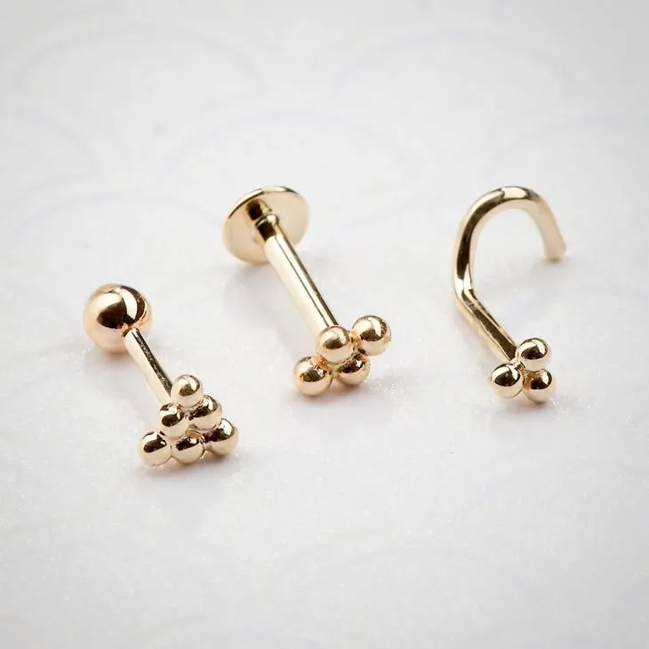 4 Bead 14K Gold Labret Lip Ring Tragus Cartilage Stud