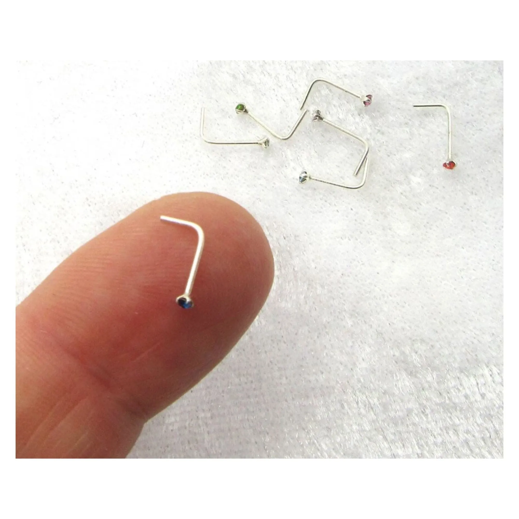 7 Small 1.5mm Gem Crystal Claw Set Straight Nose Stud L Bend Shape Bent Post Pin Jewelry 22 gauge 22G Pin Assorted Colors
