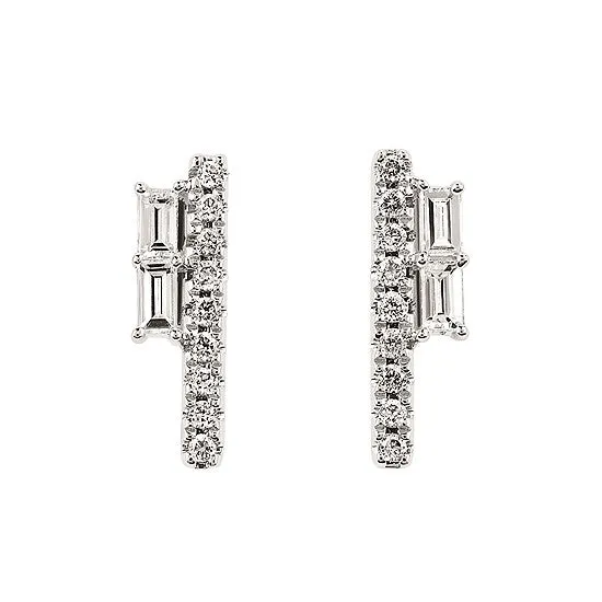 Baguette and Round Diamond Vertical Bar Earrings in White, Yellow or Rose Gold