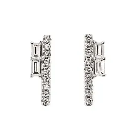 Baguette and Round Diamond Vertical Bar Earrings in White, Yellow or Rose Gold