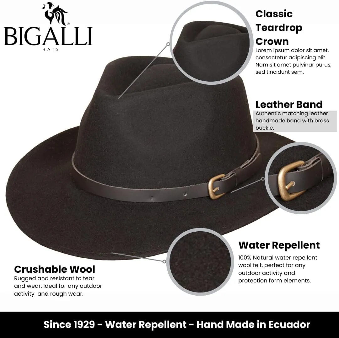 Bigalli Melbourne Wool Felt Fedora Hat for Women/Men Cowboy Hat Crushable Teardrop Winter Fall Hat | Mens Safari Hat