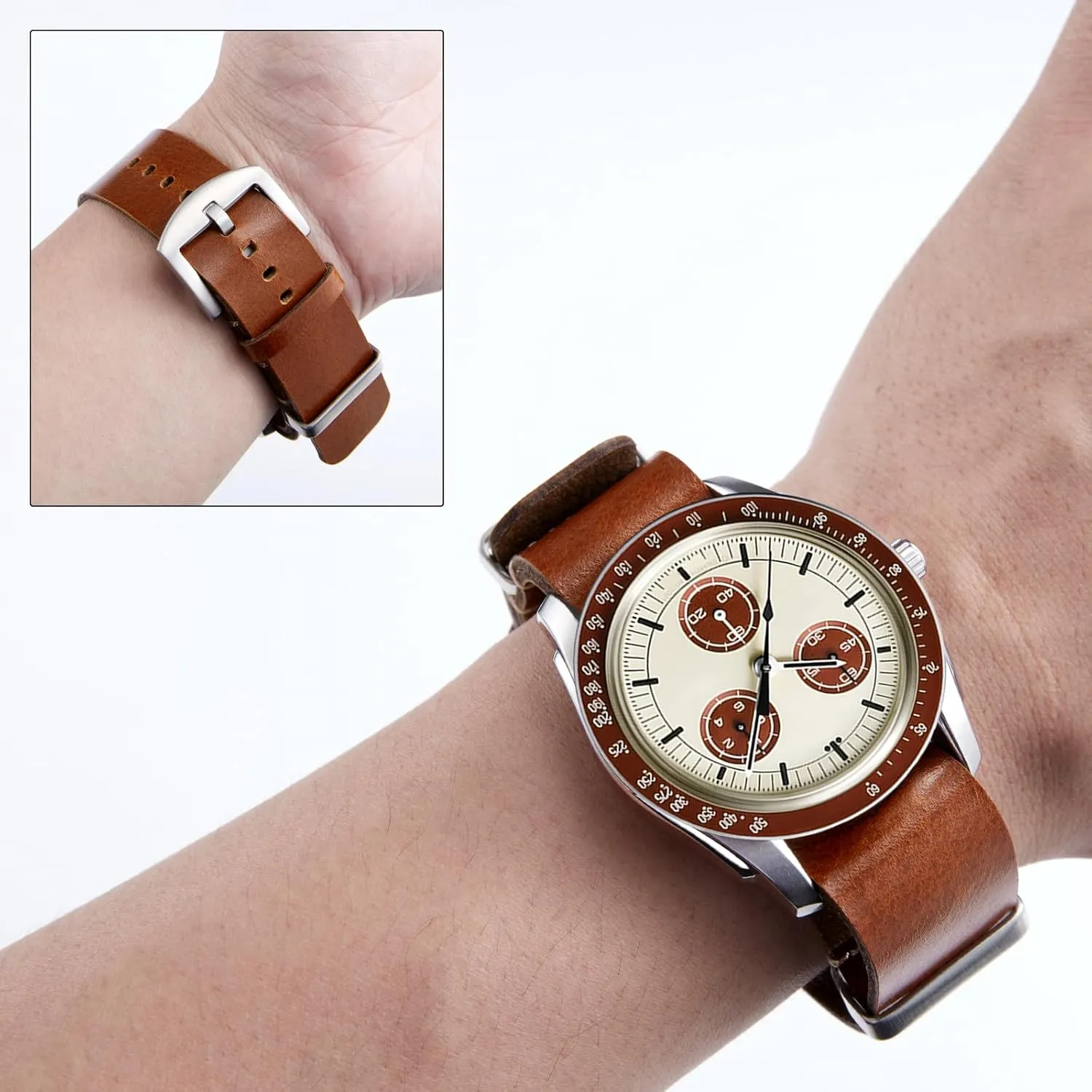 BINLUN Leather Watch Band Crazy Horse Oiled Leather Watch Straps 18mm 19mm 20mm 21mm 22mm 24mm Replacement One-Piece Watchbands for Men and Women Silver & Black Buckle