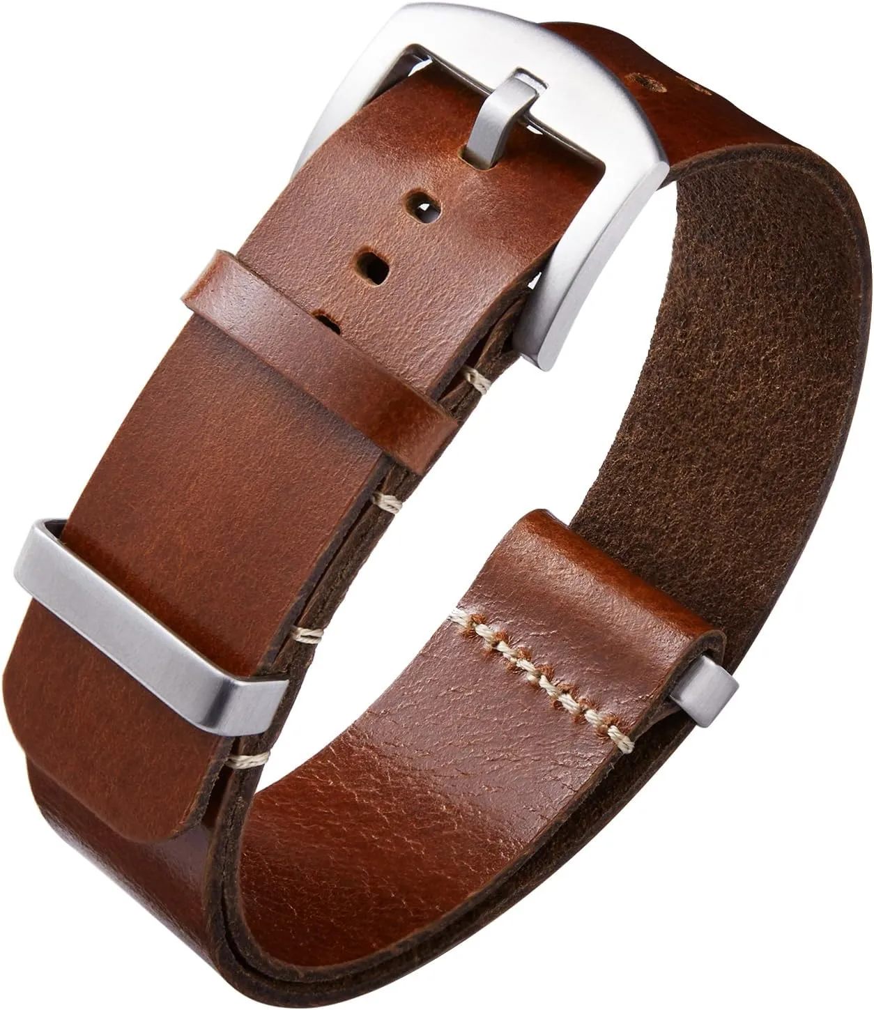 BINLUN Leather Watch Band Crazy Horse Oiled Leather Watch Straps 18mm 19mm 20mm 21mm 22mm 24mm Replacement One-Piece Watchbands for Men and Women Silver & Black Buckle
