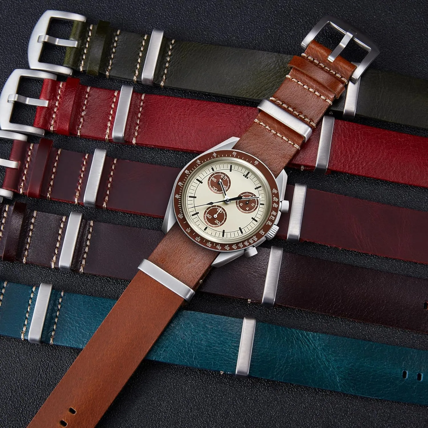 BINLUN Leather Watch Band Crazy Horse Oiled Leather Watch Straps 18mm 19mm 20mm 21mm 22mm 24mm Replacement One-Piece Watchbands for Men and Women Silver & Black Buckle