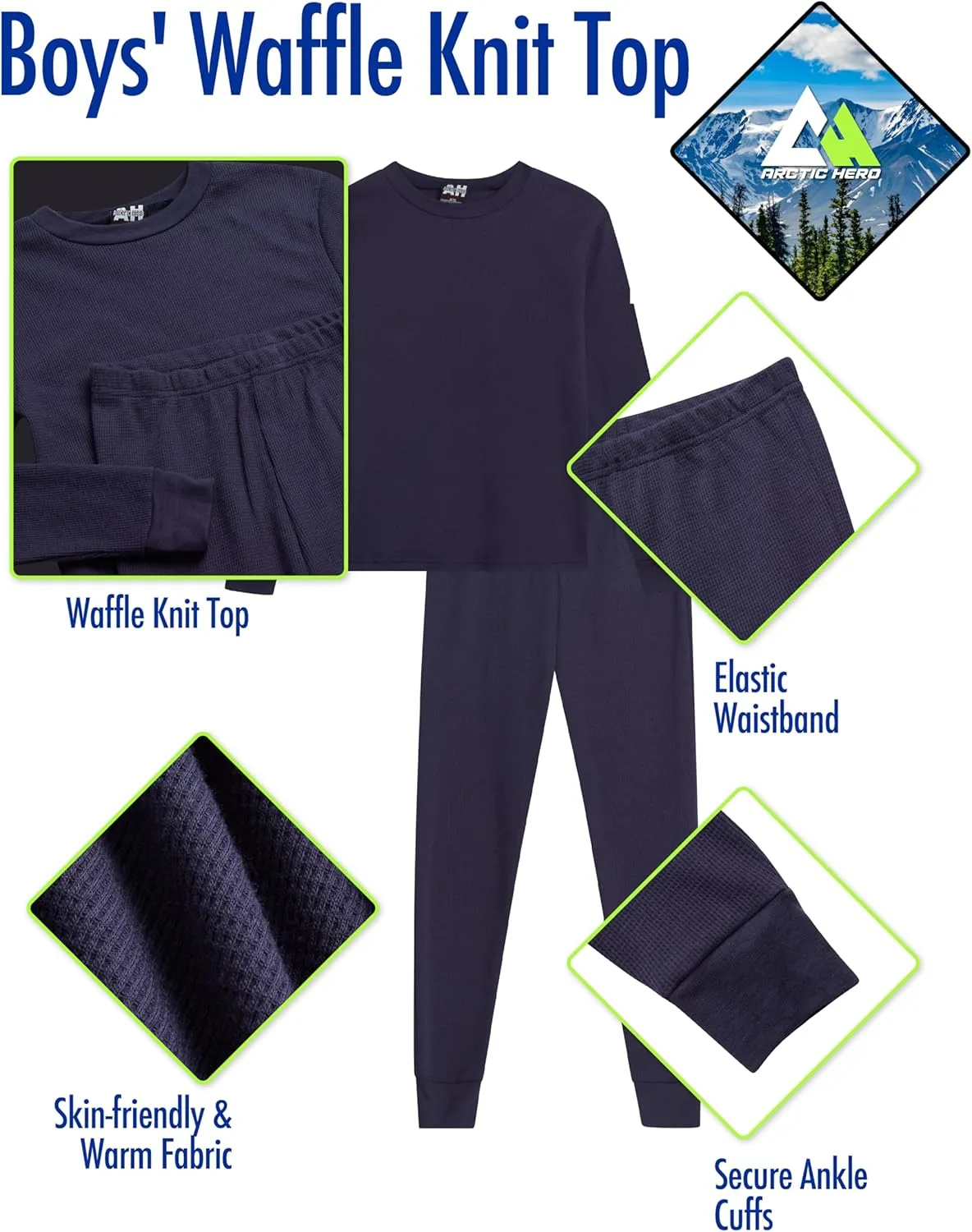 Boys' Thermal Underwear - 4 Piece Waffle Knit Top and Long John Set (Size: 2-18)