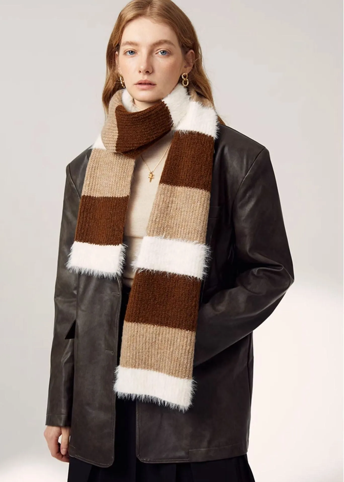 Brown Colorblock Wool Blend Long Scarf