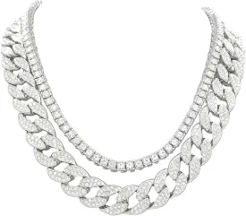 Charles Raymond Iced Out Hip Hop Gold or Silver Tone CZ Miami Cuban Link Chain Choker Necklaces Set