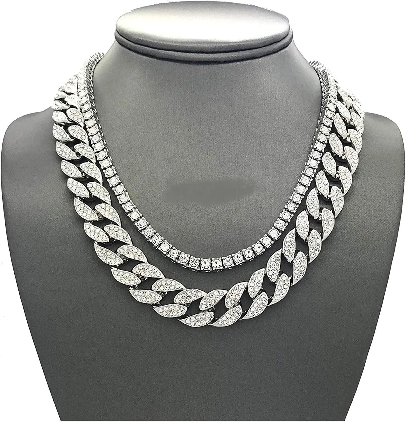 Charles Raymond Iced Out Hip Hop Gold or Silver Tone CZ Miami Cuban Link Chain Choker Necklaces Set