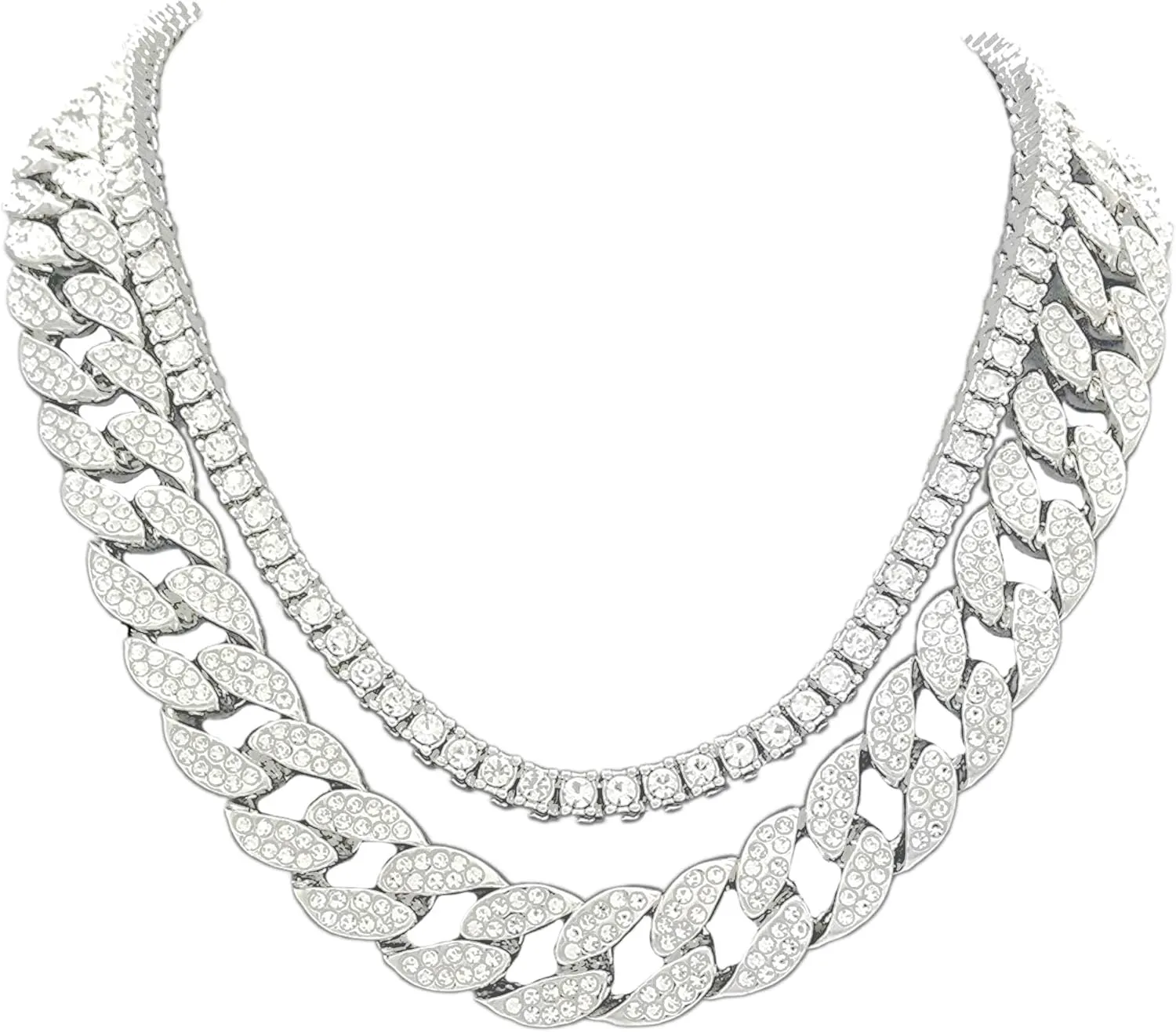 Charles Raymond Iced Out Hip Hop Gold or Silver Tone CZ Miami Cuban Link Chain Choker Necklaces Set