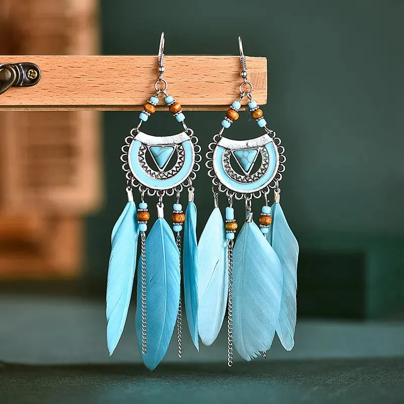 Classic Ethnic Style Blue Feather Dangle Earrings for Women