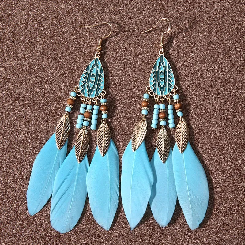 Classic Ethnic Style Blue Feather Dangle Earrings for Women