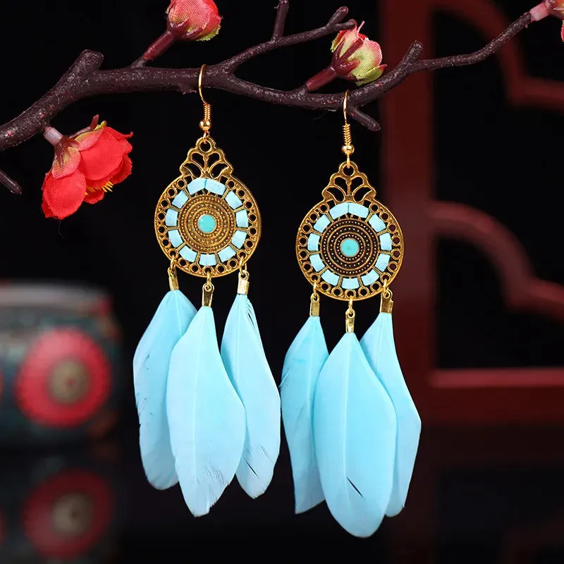 Classic Ethnic Style Blue Feather Dangle Earrings for Women