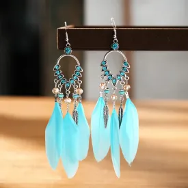 Classic Ethnic Style Blue Feather Dangle Earrings for Women