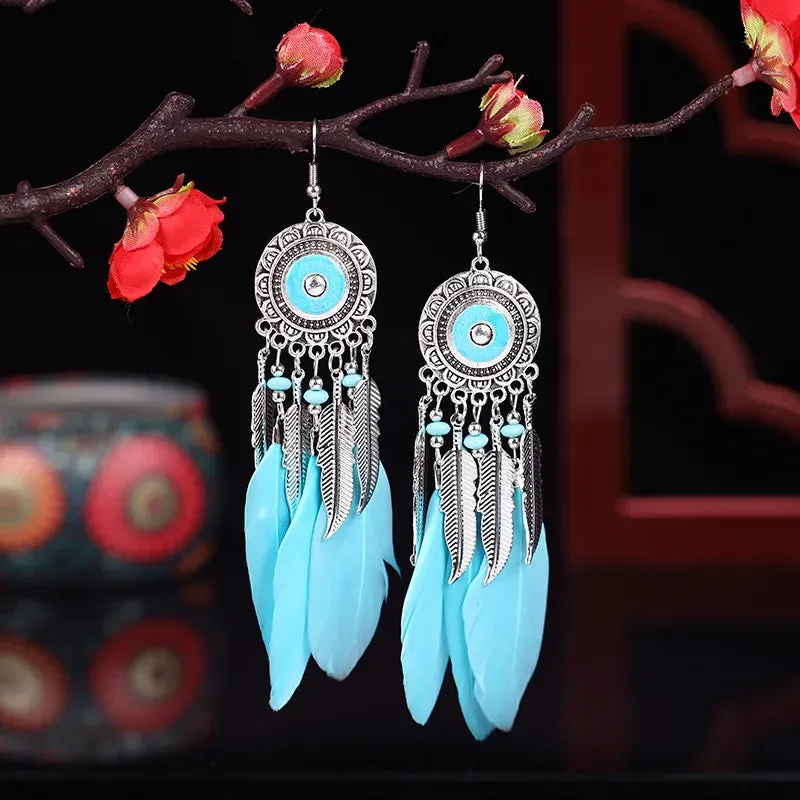 Classic Ethnic Style Blue Feather Dangle Earrings for Women