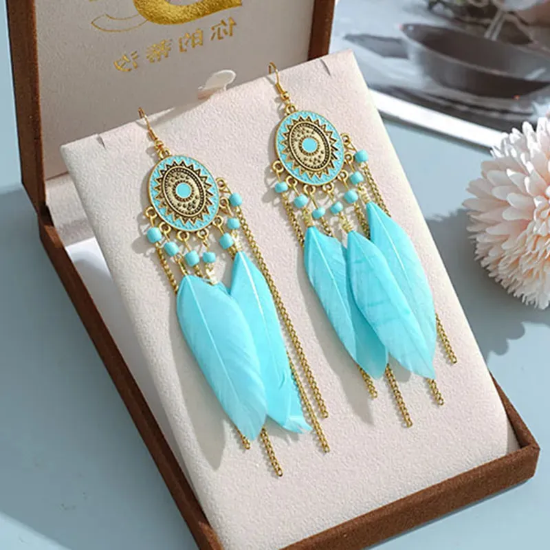 Classic Ethnic Style Blue Feather Dangle Earrings for Women