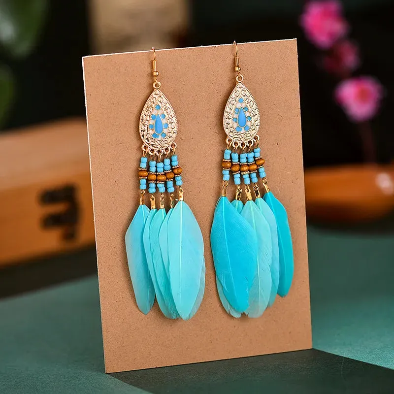 Classic Ethnic Style Blue Feather Dangle Earrings for Women