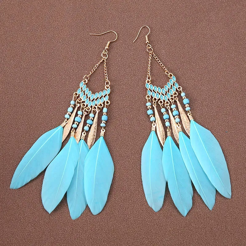 Classic Ethnic Style Blue Feather Dangle Earrings for Women