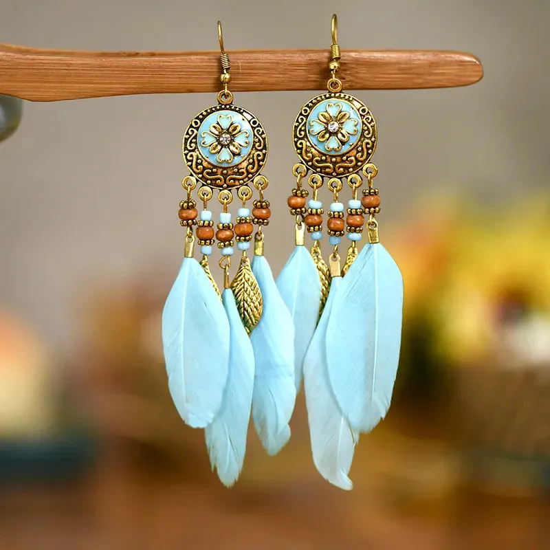 Classic Ethnic Style Blue Feather Dangle Earrings for Women