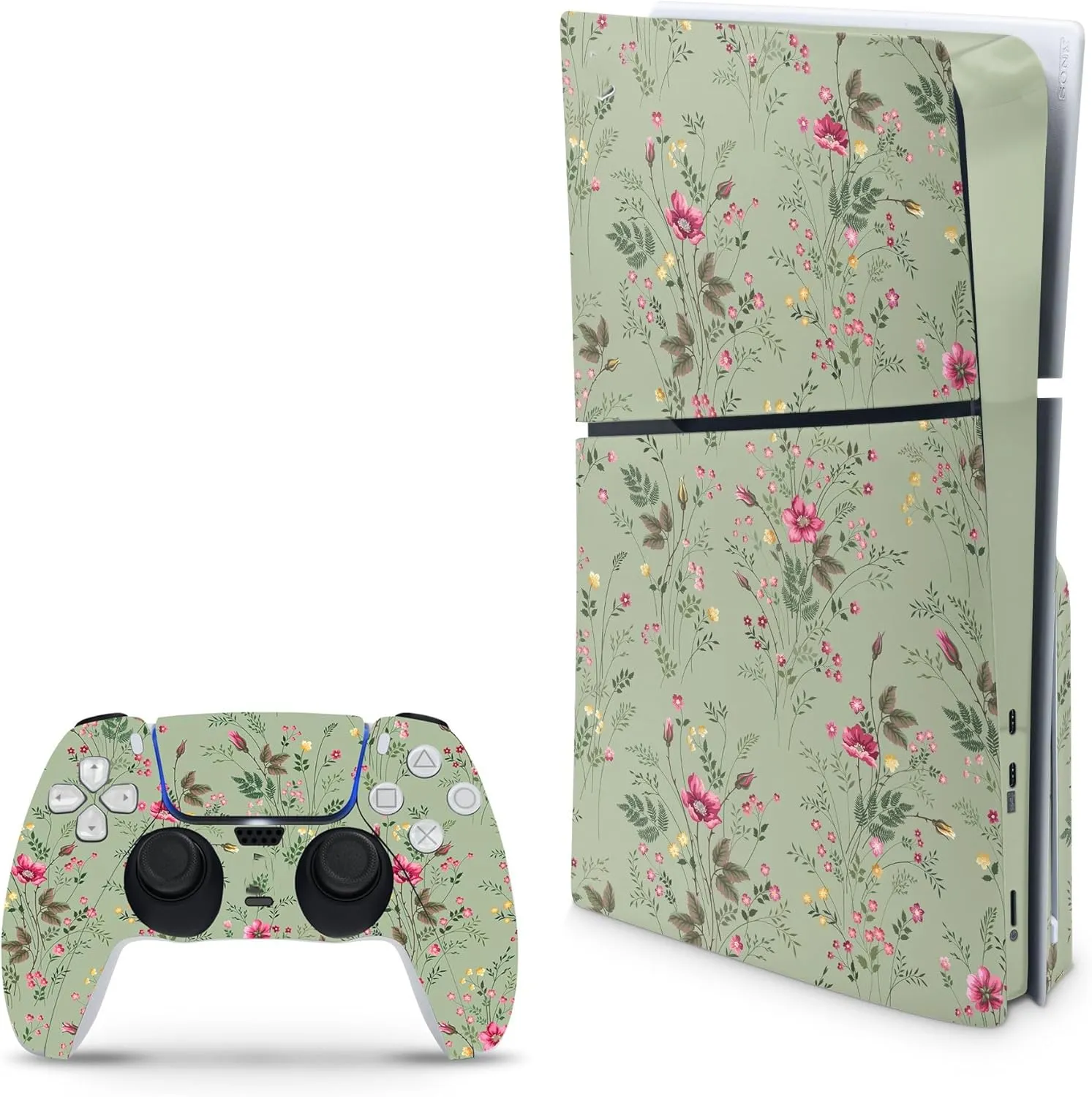 Compatible with PS5 Slim Skin for Console and Controllers by ZOOMHITSKINS, 3M Vinyl Decal Cover Sticker, Elegant Botanical Floral Green Flowers, Durable, Bubble-Free, Precisely Cut