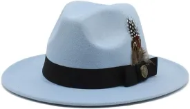 DHAEY Gentleman Classical British Jazz Feather Hat Decorated Face Woolen Hat, Autumn and Winter Woolen Felt Hat Luopan Caps & Hats (Color : Sky Blue, Size : 56-58cm)
