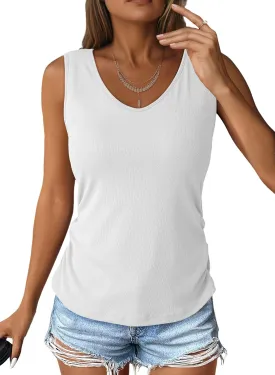 Dokotoo Tank Top with Built in Bra for Women Casual Summer Sleeveless Tops Slim Fitted V Neck Ruched Cami Shirts