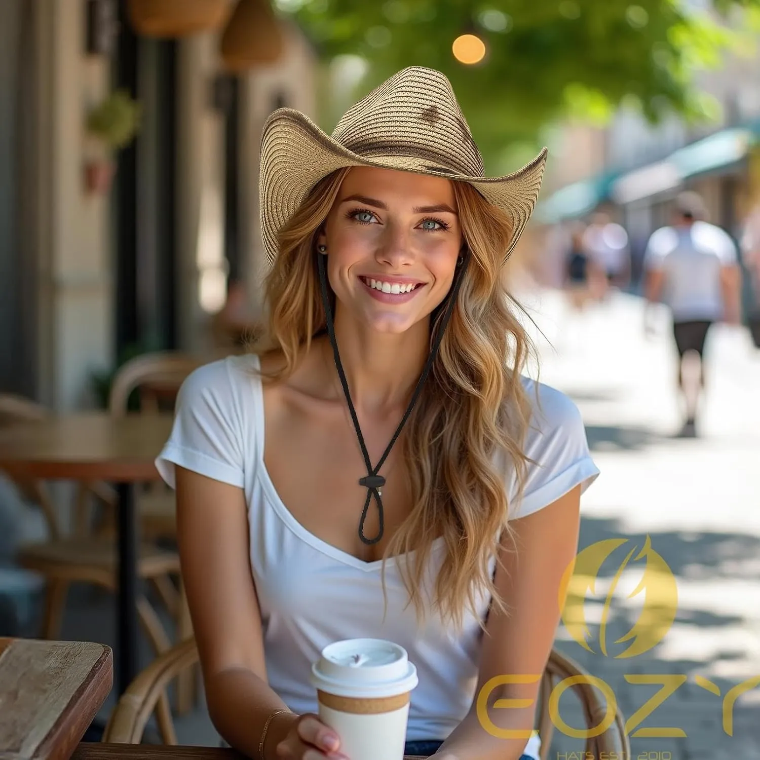 EOZY Western Cowboy Hat with String for Women Men Foldable Summer Sun Protection Straw Beach Hats with Wide Brim