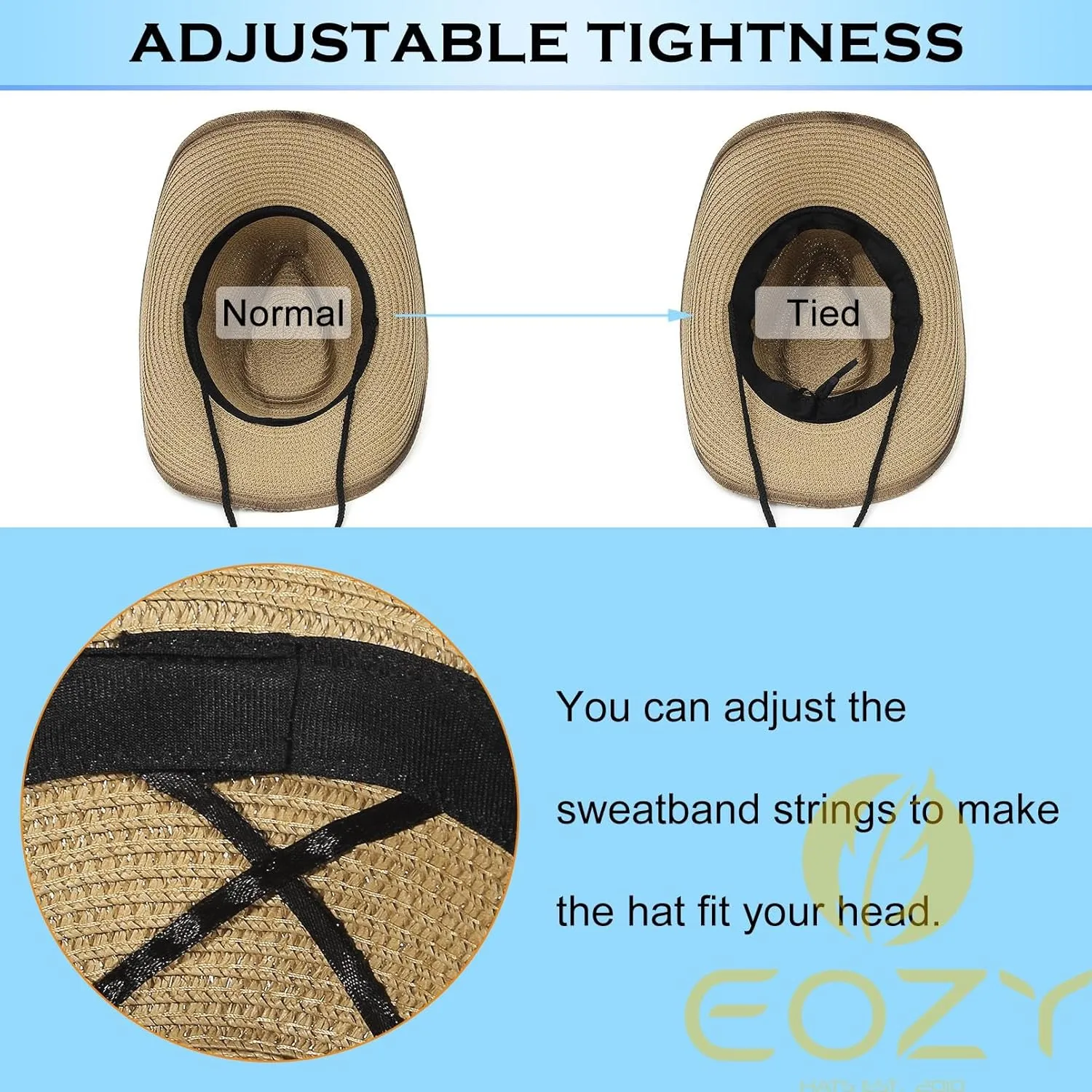 EOZY Western Cowboy Hat with String for Women Men Foldable Summer Sun Protection Straw Beach Hats with Wide Brim