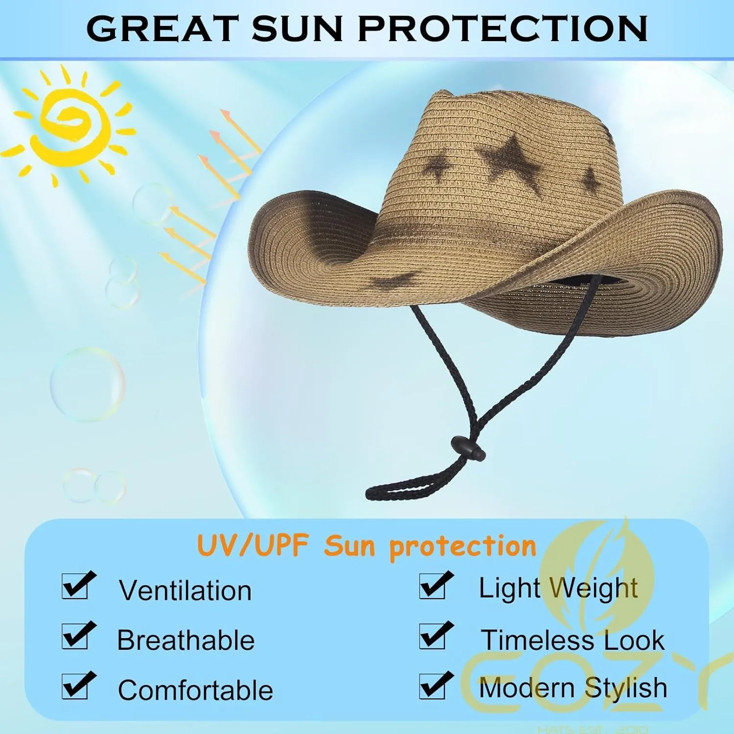 EOZY Western Cowboy Hat with String for Women Men Foldable Summer Sun Protection Straw Beach Hats with Wide Brim