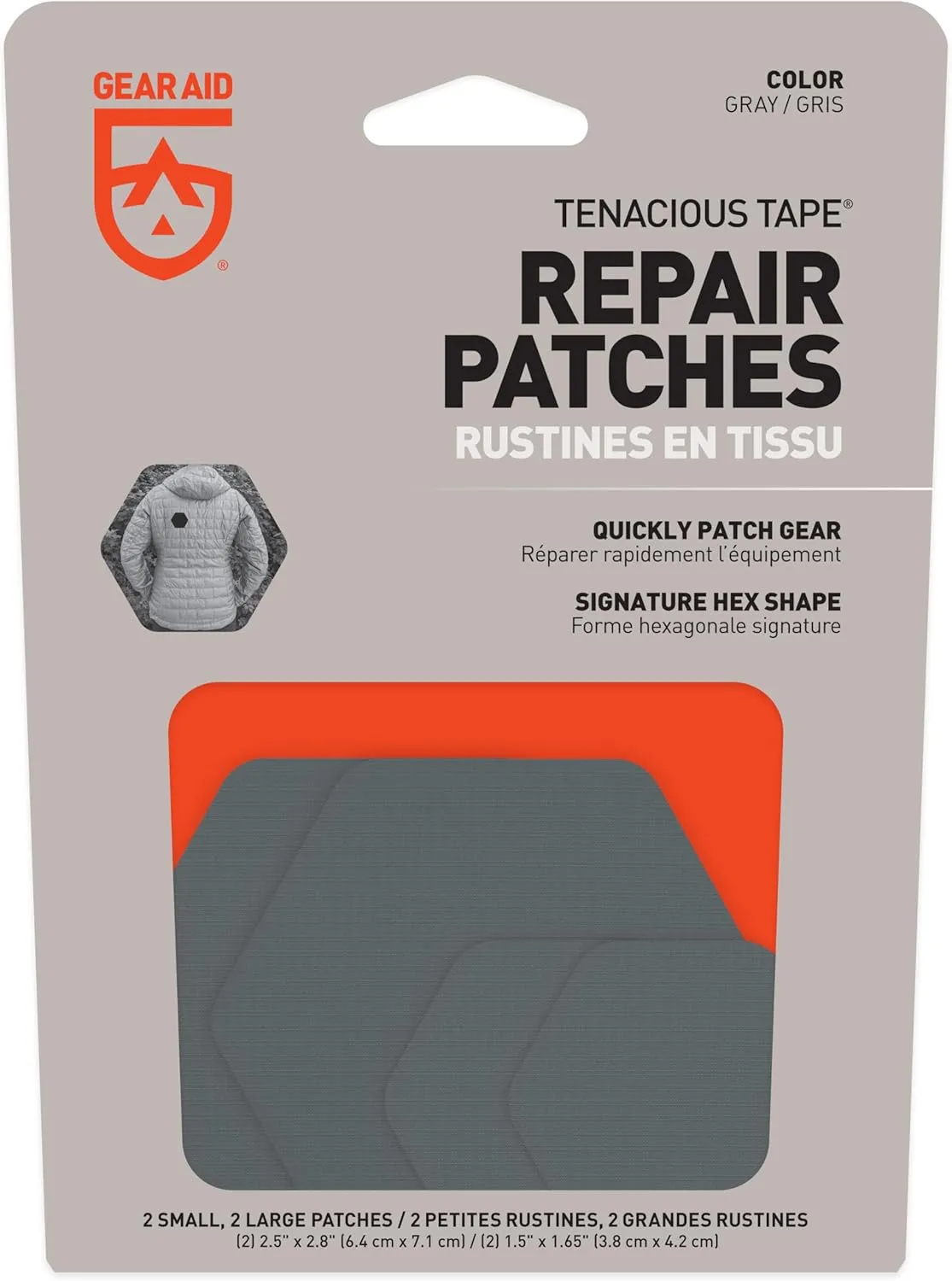 GEAR AID Tenacious Tape Hex 2.5 and 1.5 Repair Patches, Peel-and-Stick to Fix Holes and Burns in Down Jackets, Rain Gear, Tents, Tarps and More