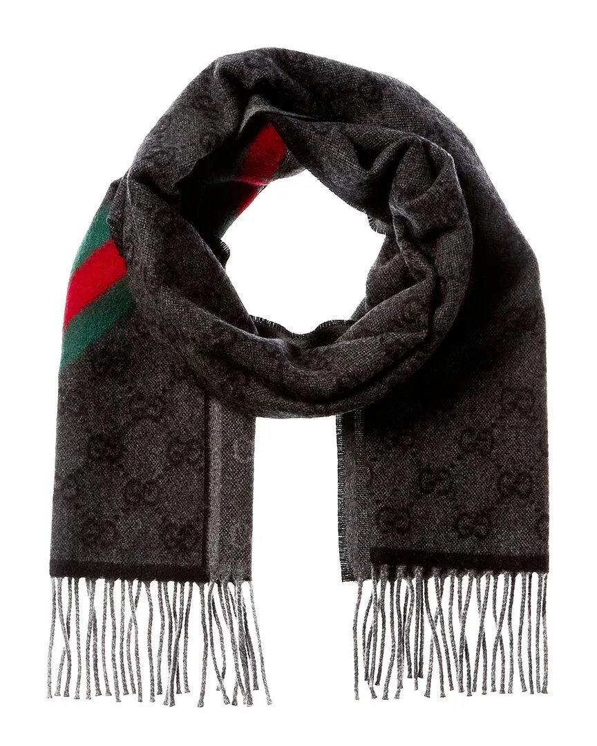 GILT GET DNU Gucci Logo Jacquard Fringed Wool Scarf