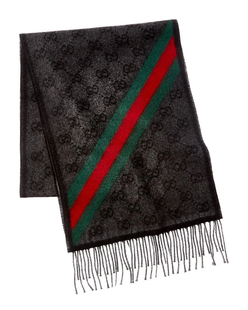 GILT GET DNU Gucci Logo Jacquard Fringed Wool Scarf
