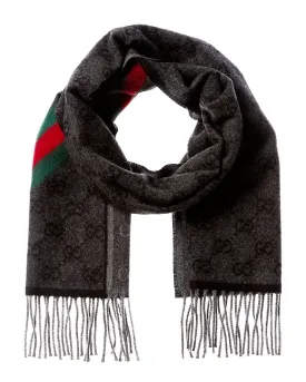 GILT GET DNU Gucci Logo Jacquard Fringed Wool Scarf