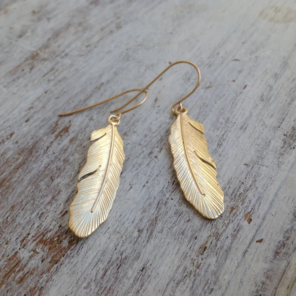 Gold Long Feather Dangle Earrings