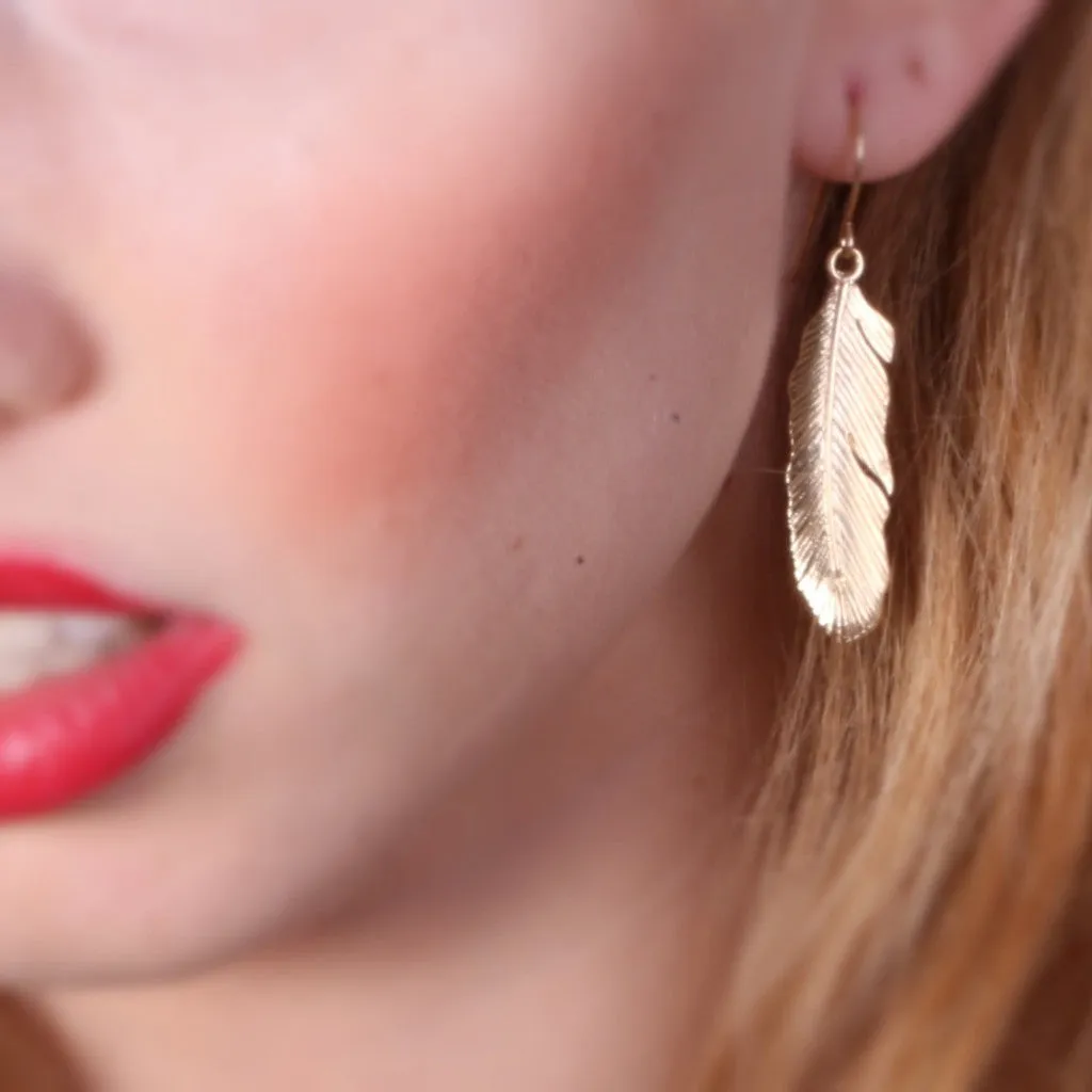 Gold Long Feather Dangle Earrings