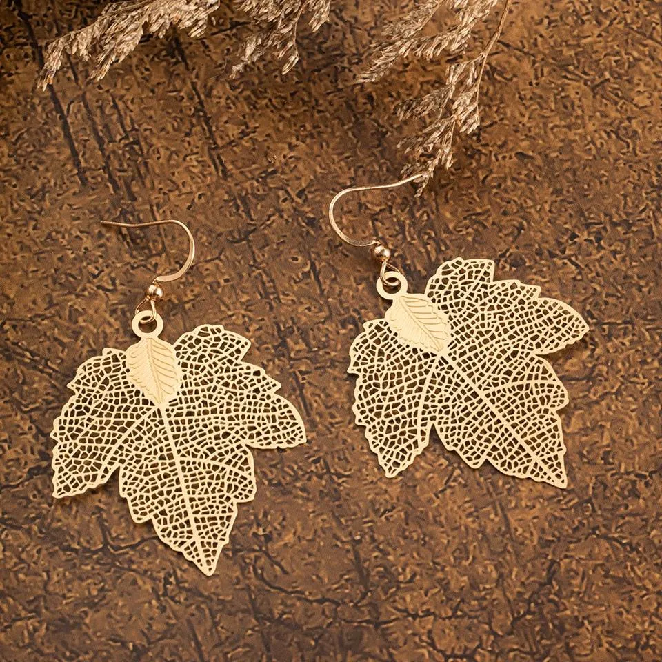 Golden Leaf Dangle Drop Earrings