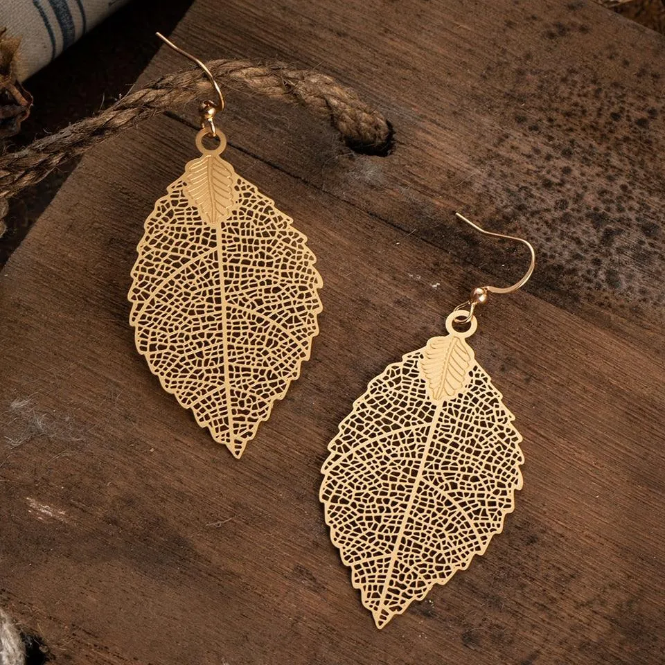 Golden Leaf Dangle Drop Earrings