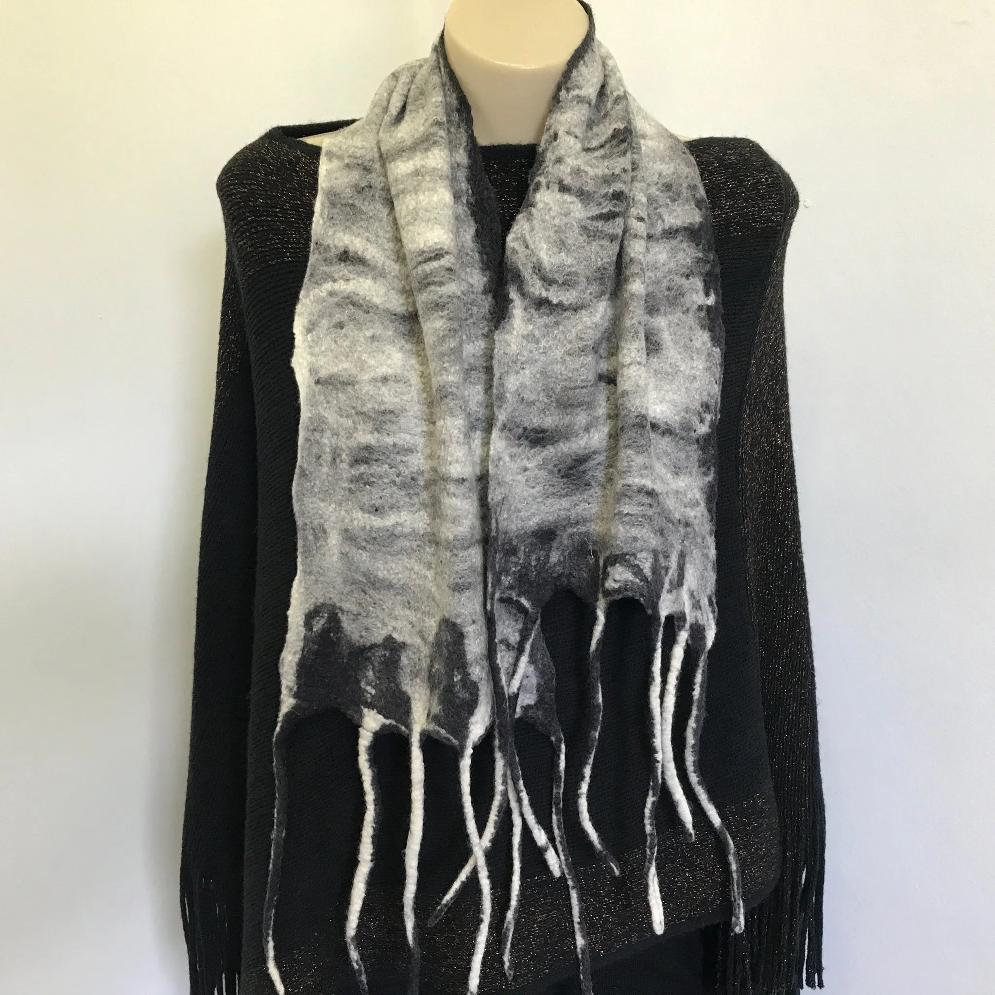 Immortal Kraft Hand Felted Black White Wool Scarf Unisex - OOAK