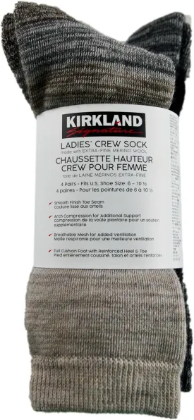 KIRKLAND Signature Ladies' Extra-Fine Merino Wool Crew Socks, Multi-Color, 4 Pairs