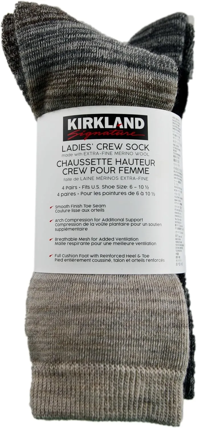 KIRKLAND Signature Ladies' Extra-Fine Merino Wool Crew Socks, Multi-Color, 4 Pairs