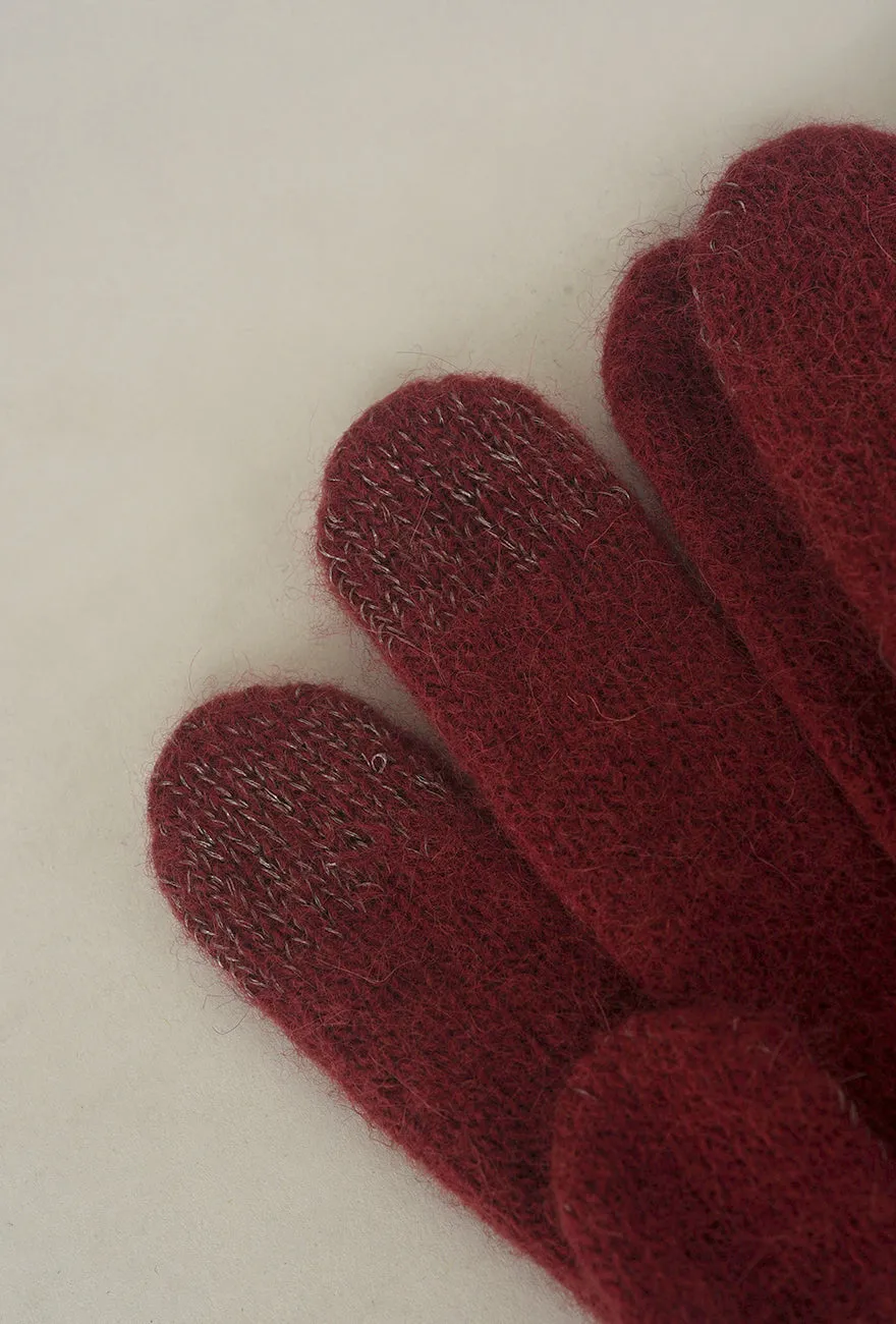Leather Piped Wool & Angora Gloves, Burdeos
