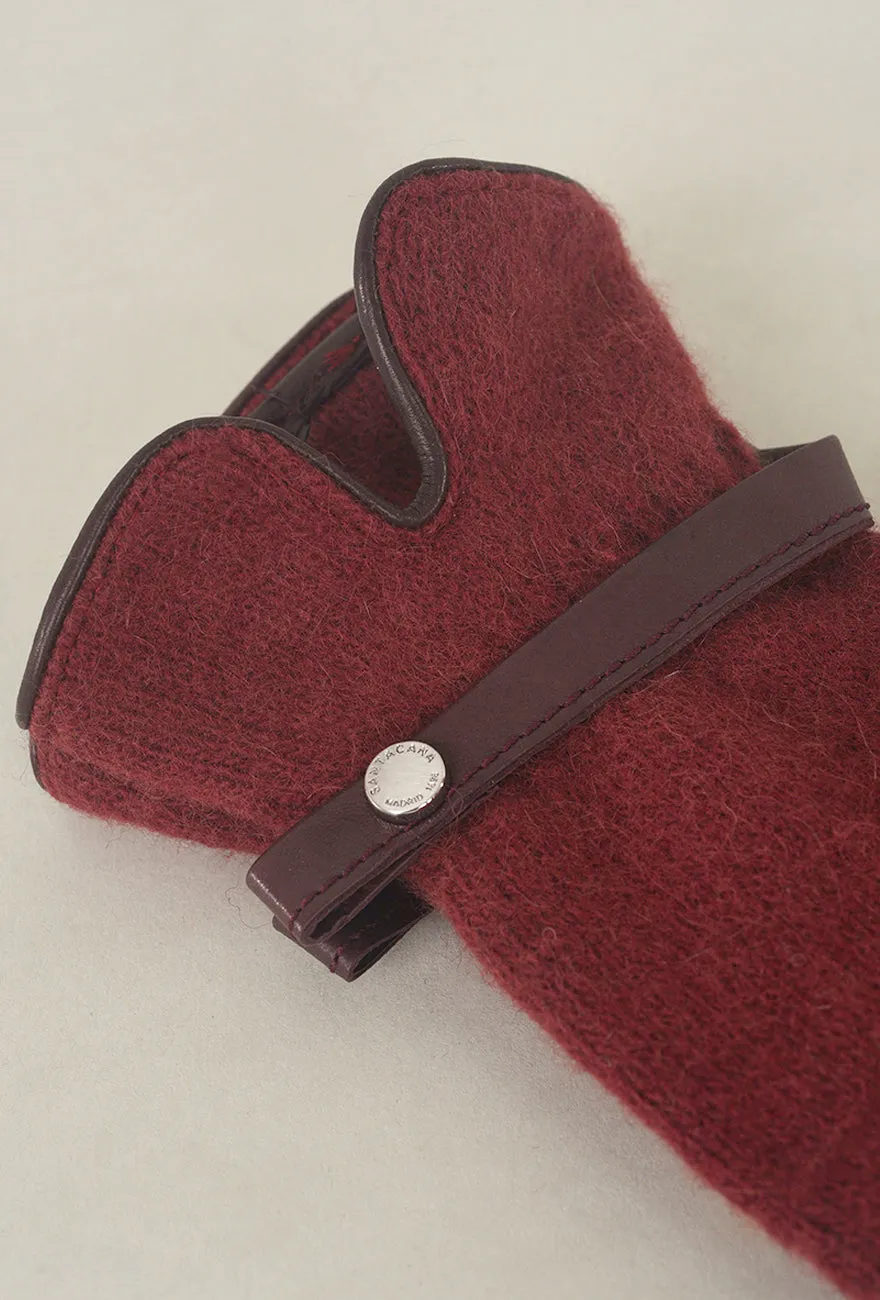 Leather Piped Wool & Angora Gloves, Burdeos