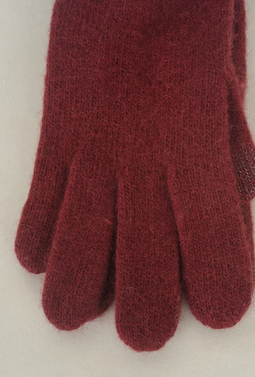 Leather Piped Wool & Angora Gloves, Burdeos