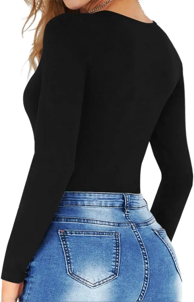 MANGOPOP Round Neck Short Sleeve Long Sleeve Bodysuits for Women Basic Body Suit Shirts Tops