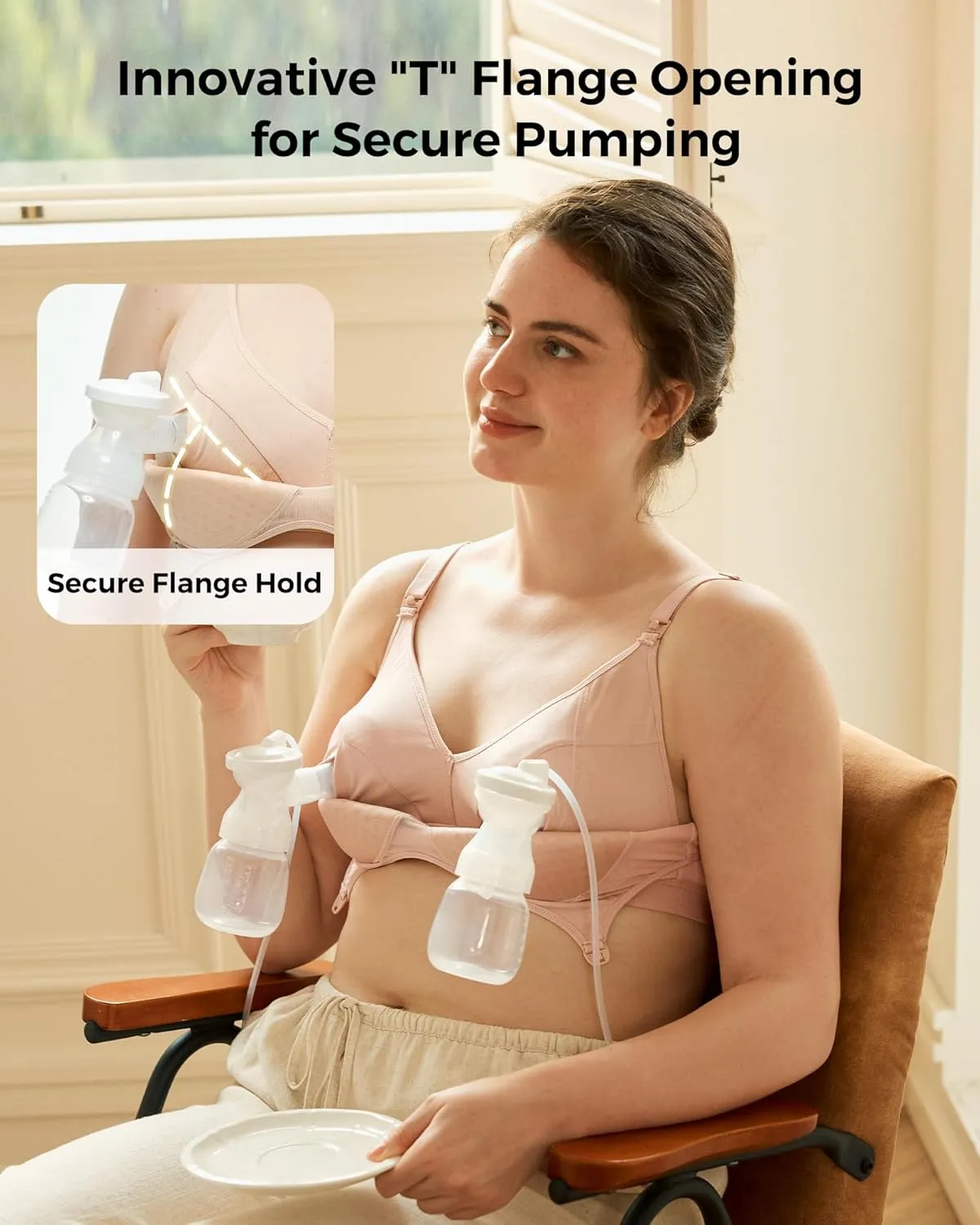 Momcozy Hands-Free Pumping Bra, Wireless & Seamless Breast Pump Bra, Breathable Tencel Fabric & Fully Fixed Cups