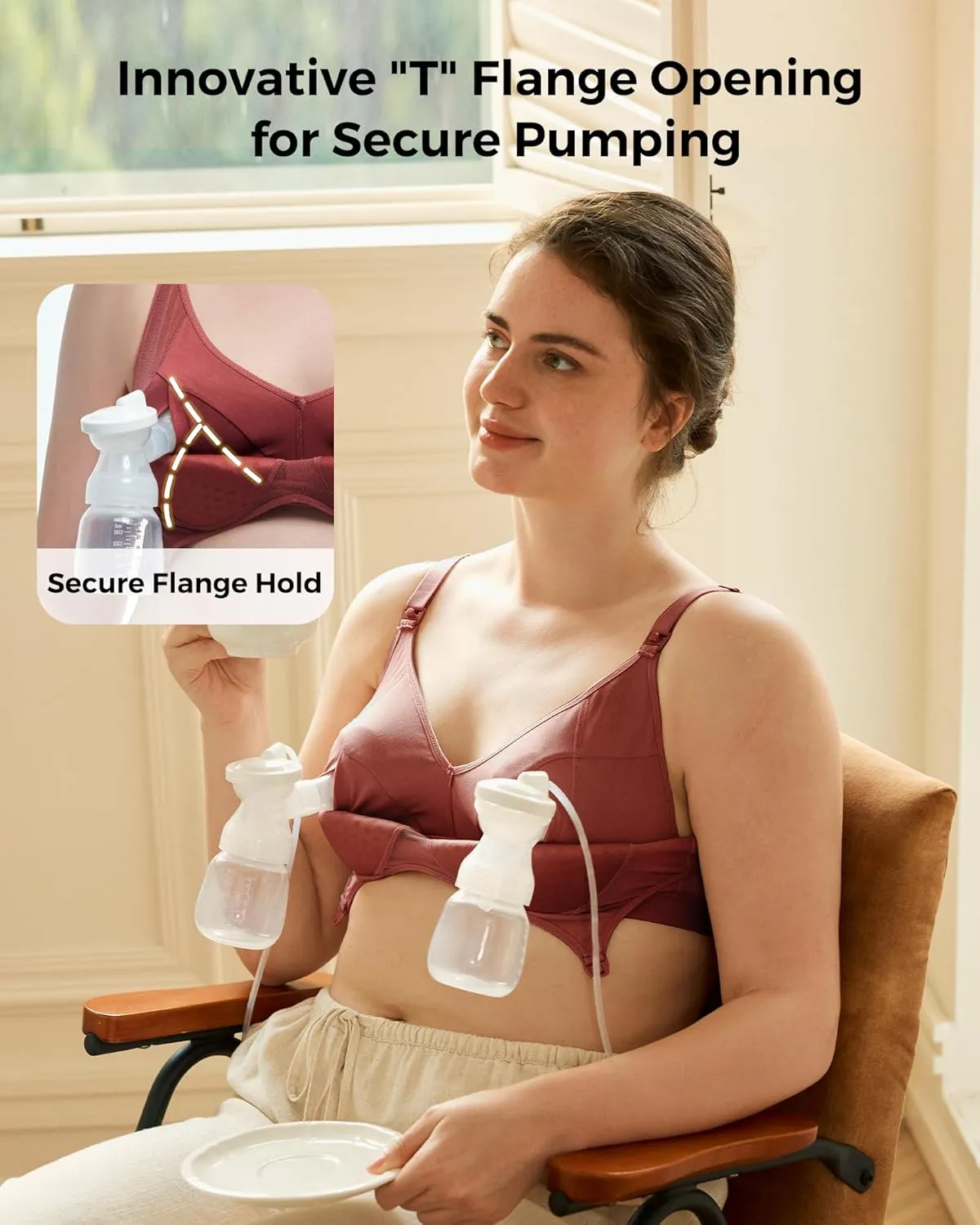 Momcozy Hands-Free Pumping Bra, Wireless & Seamless Breast Pump Bra, Breathable Tencel Fabric & Fully Fixed Cups