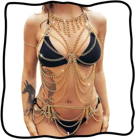 Nicute Gold Body Chain Set Layered Tassel Waist Chain Belt Metal Fashion Body Jewelry Set for Women