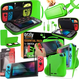 Orzly Switch Accessories Bundle  Includes Orzly Carry Case for Nintendo Switch Console, Tempered Glass Screen Protectors, USB Charging Cable, Switch Games Case, Comfort Grip Case & Headphones [Green]
